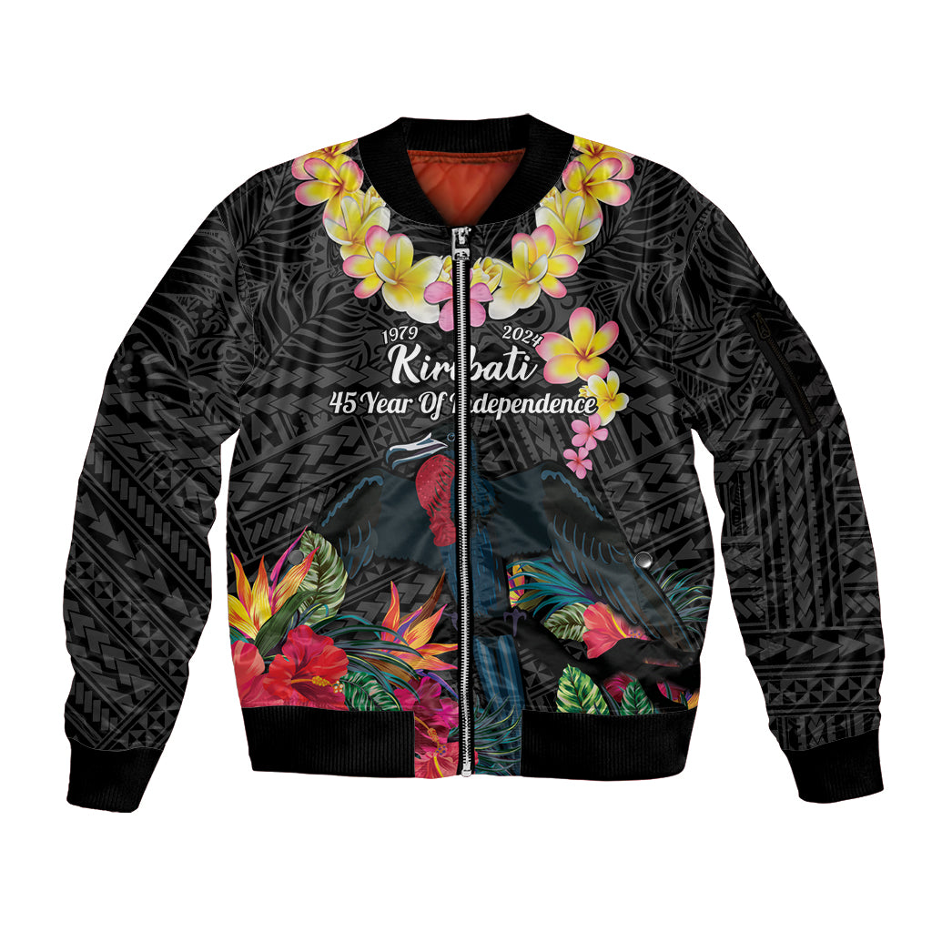 Kiribati Independence Day Sleeve Zip Bomber Jacket Frigatebird Mix Tropical Flowers - Black Style LT14 Unisex Black - Polynesian Pride