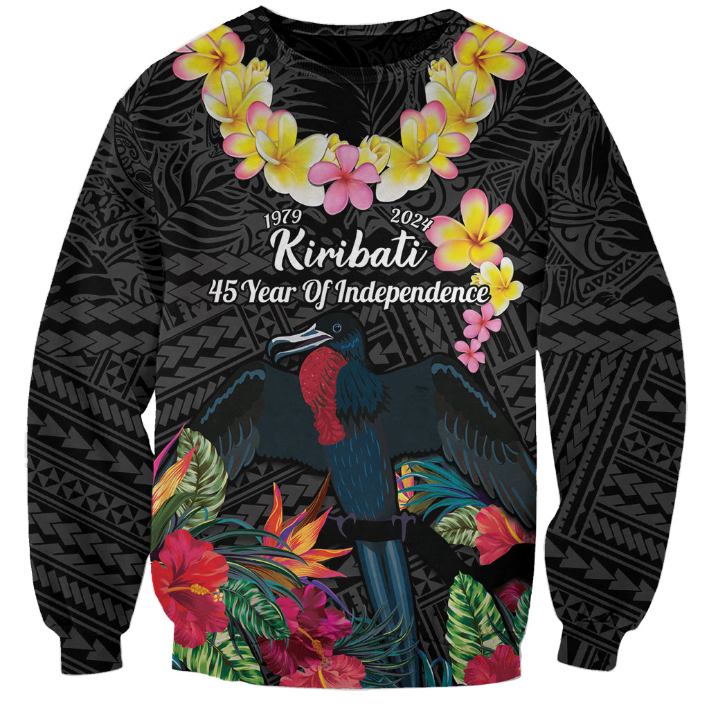 Kiribati Independence Day Sweatshirt Frigatebird Mix Tropical Flowers - Black Style LT14 Unisex Black - Polynesian Pride