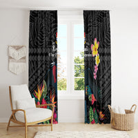 Kiribati Independence Day Window Curtain Frigatebird Mix Tropical Flowers - Black Style