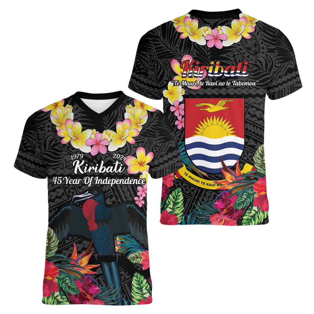 Kiribati Independence Day Women V-Neck T-Shirt Frigatebird Mix Tropical Flowers - Black Style