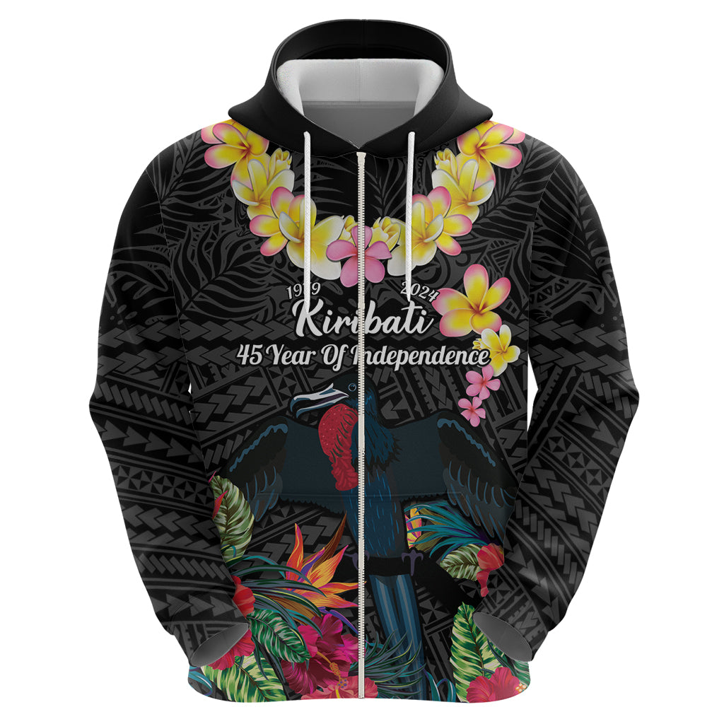 Kiribati Independence Day Zip Hoodie Frigatebird Mix Tropical Flowers - Black Style
