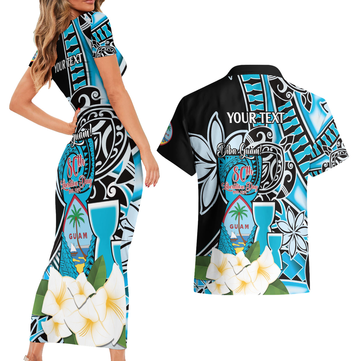 Personalised Guam Liberation Day Couples Matching Short Sleeve Bodycon Dress and Hawaiian Shirt 80th Anniversary Chamorro Latte Stone With Guasali Flowers LT14 - Polynesian Pride