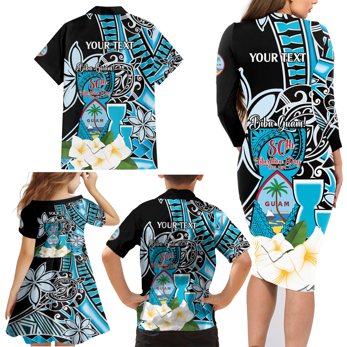 Personalised Guam Liberation Day Family Matching Long Sleeve Bodycon Dress and Hawaiian Shirt 80th Anniversary Chamorro Latte Stone With Guasali Flowers LT14 - Polynesian Pride