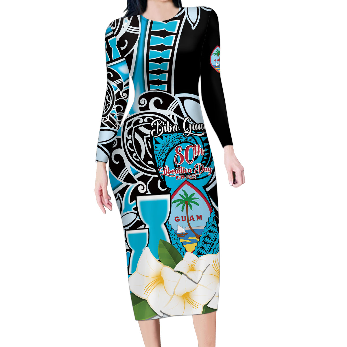 Personalised Guam Liberation Day Family Matching Long Sleeve Bodycon Dress and Hawaiian Shirt 80th Anniversary Chamorro Latte Stone With Guasali Flowers LT14 Mom's Dress Blue - Polynesian Pride