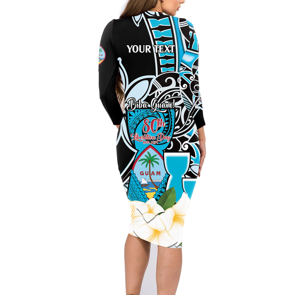 Personalised Guam Liberation Day Family Matching Long Sleeve Bodycon Dress and Hawaiian Shirt 80th Anniversary Chamorro Latte Stone With Guasali Flowers LT14 - Polynesian Pride