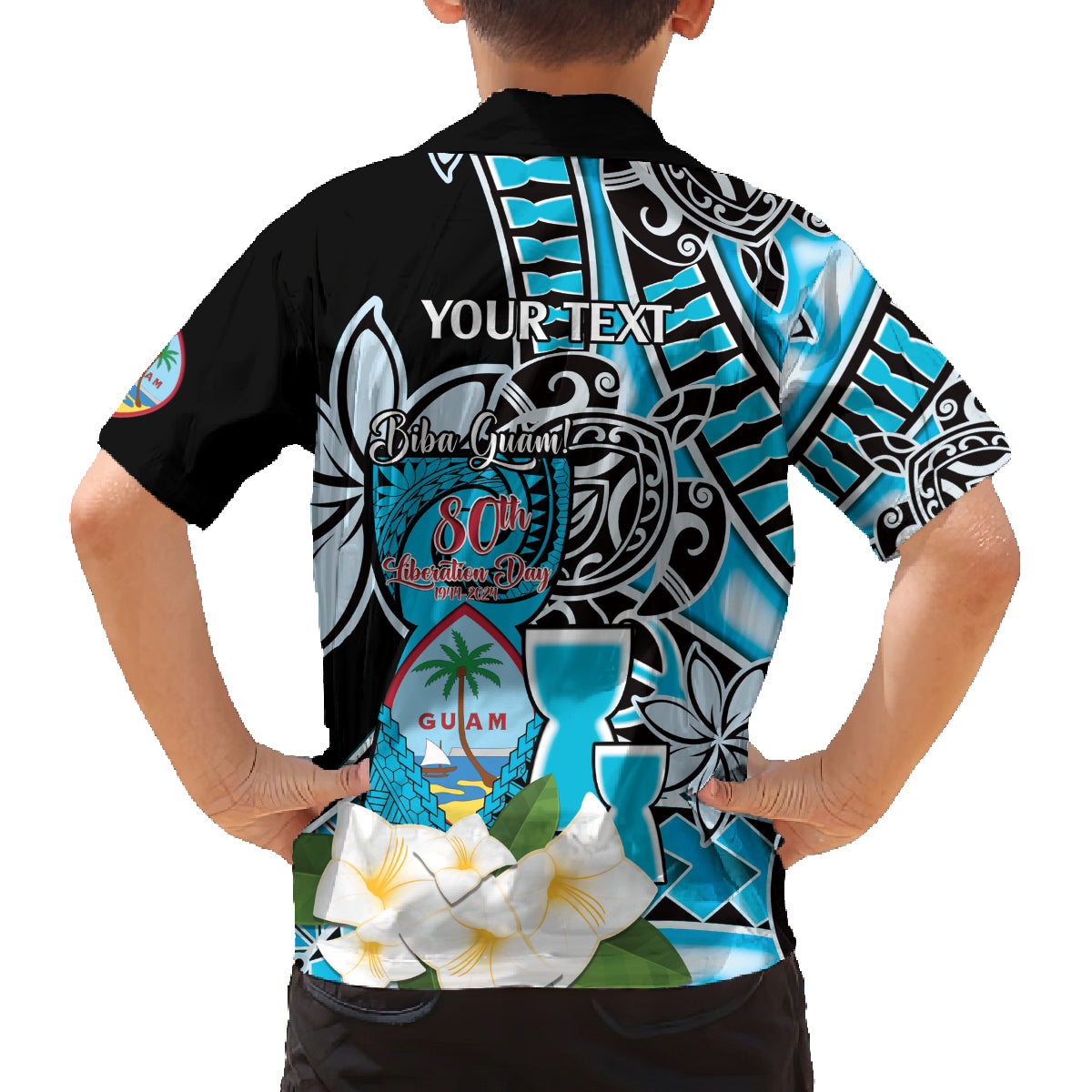 Personalised Guam Liberation Day Family Matching Off The Shoulder Long Sleeve Dress and Hawaiian Shirt 80th Anniversary Chamorro Latte Stone With Guasali Flowers LT14 - Polynesian Pride