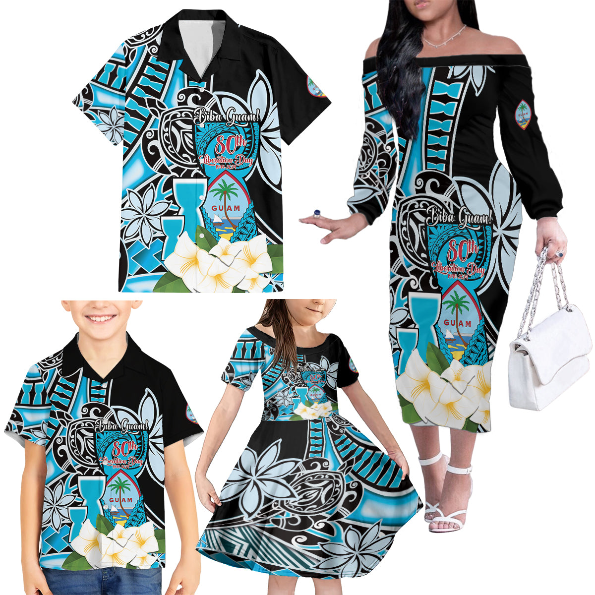Personalised Guam Liberation Day Family Matching Off The Shoulder Long Sleeve Dress and Hawaiian Shirt 80th Anniversary Chamorro Latte Stone With Guasali Flowers LT14 - Polynesian Pride