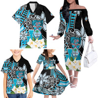 Personalised Guam Liberation Day Family Matching Off The Shoulder Long Sleeve Dress and Hawaiian Shirt 80th Anniversary Chamorro Latte Stone With Guasali Flowers LT14 - Polynesian Pride