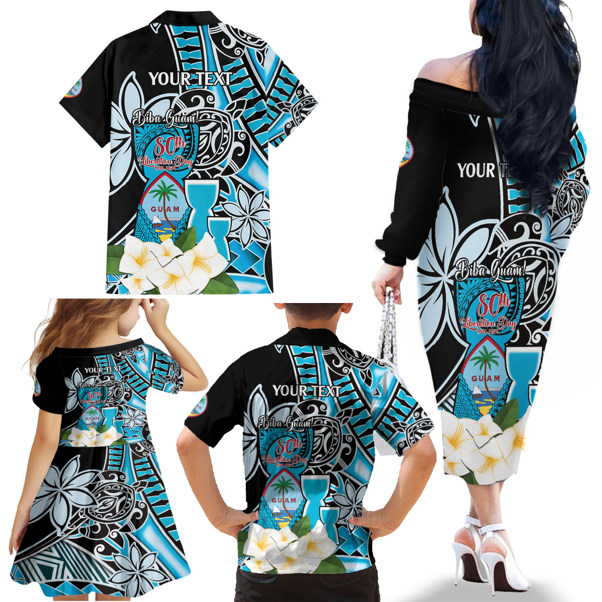 Personalised Guam Liberation Day Family Matching Off The Shoulder Long Sleeve Dress and Hawaiian Shirt 80th Anniversary Chamorro Latte Stone With Guasali Flowers LT14 - Polynesian Pride