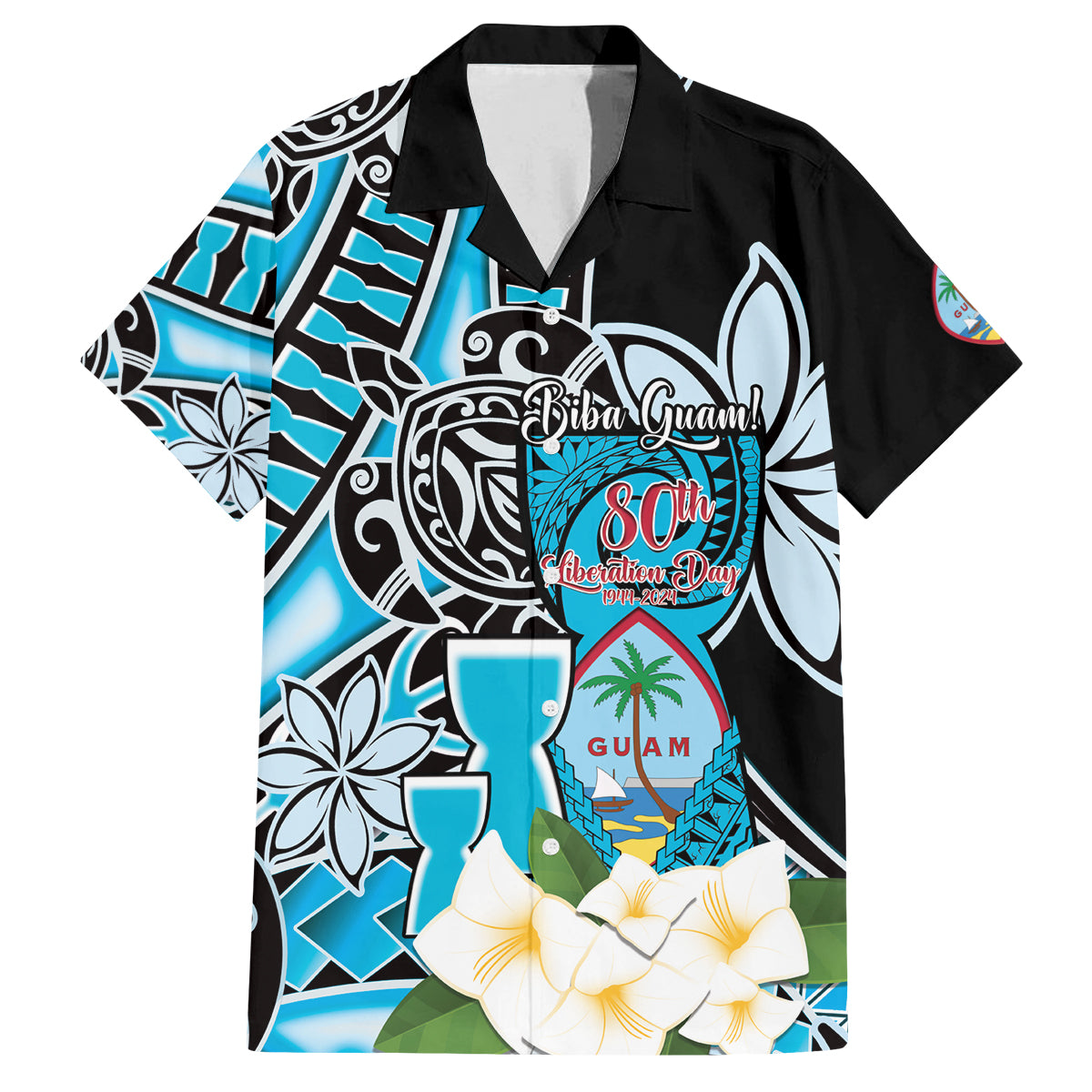 Personalised Guam Liberation Day Family Matching Off The Shoulder Long Sleeve Dress and Hawaiian Shirt 80th Anniversary Chamorro Latte Stone With Guasali Flowers LT14 Dad's Shirt - Short Sleeve Blue - Polynesian Pride