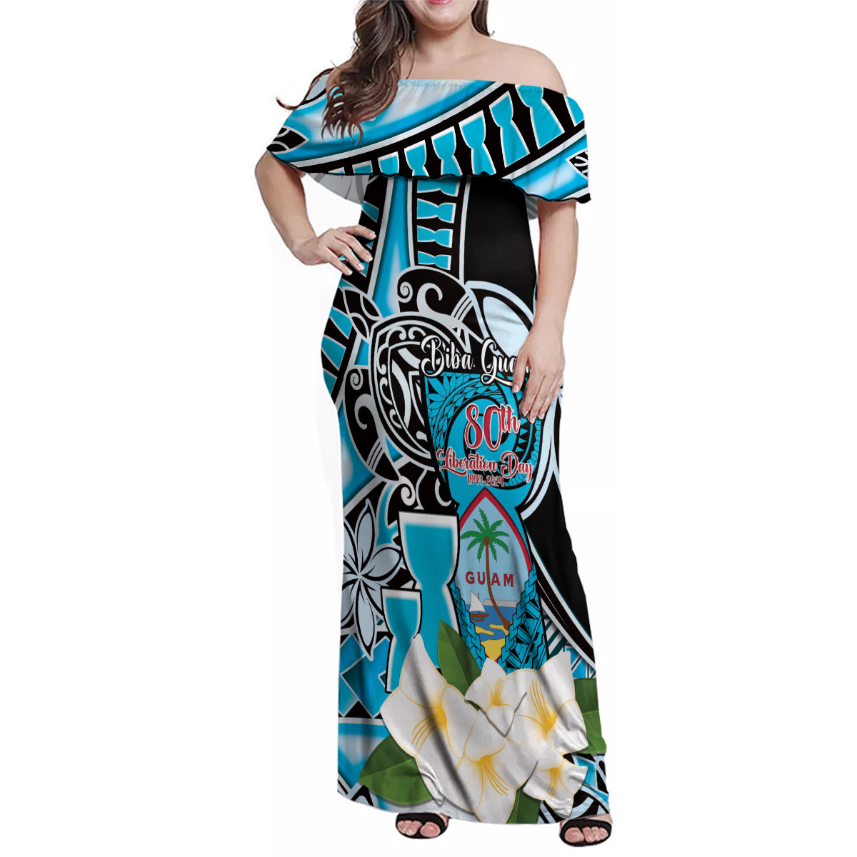 Personalised Guam Liberation Day Family Matching Off Shoulder Maxi Dress and Hawaiian Shirt 80th Anniversary Chamorro Latte Stone With Guasali Flowers LT14 Mom's Dress Blue - Polynesian Pride