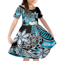 Personalised Guam Liberation Day Family Matching Off Shoulder Short Dress and Hawaiian Shirt 80th Anniversary Chamorro Latte Stone With Guasali Flowers LT14 Daughter's Dress Blue - Polynesian Pride