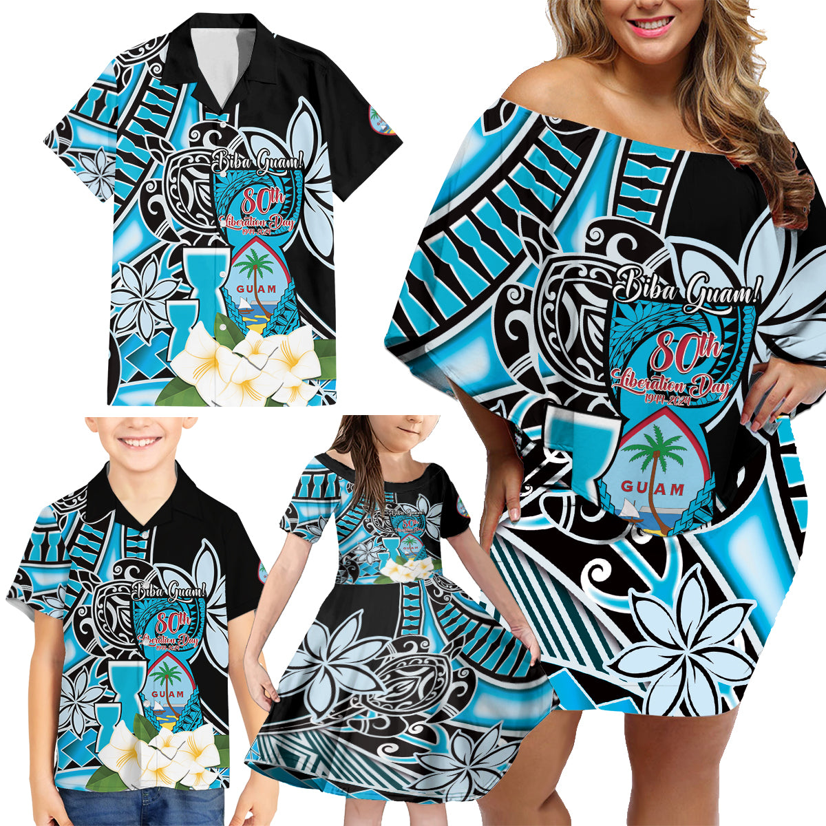 Personalised Guam Liberation Day Family Matching Off Shoulder Short Dress and Hawaiian Shirt 80th Anniversary Chamorro Latte Stone With Guasali Flowers LT14 - Polynesian Pride