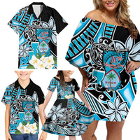 Personalised Guam Liberation Day Family Matching Off Shoulder Short Dress and Hawaiian Shirt 80th Anniversary Chamorro Latte Stone With Guasali Flowers LT14 - Polynesian Pride