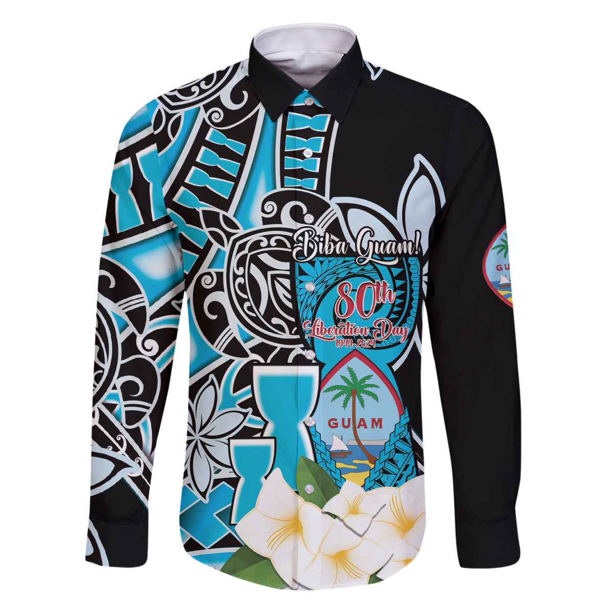 Personalised Guam Liberation Day Family Matching Off Shoulder Short Dress and Hawaiian Shirt 80th Anniversary Chamorro Latte Stone With Guasali Flowers LT14 Dad's Shirt - Long Sleeve Blue - Polynesian Pride