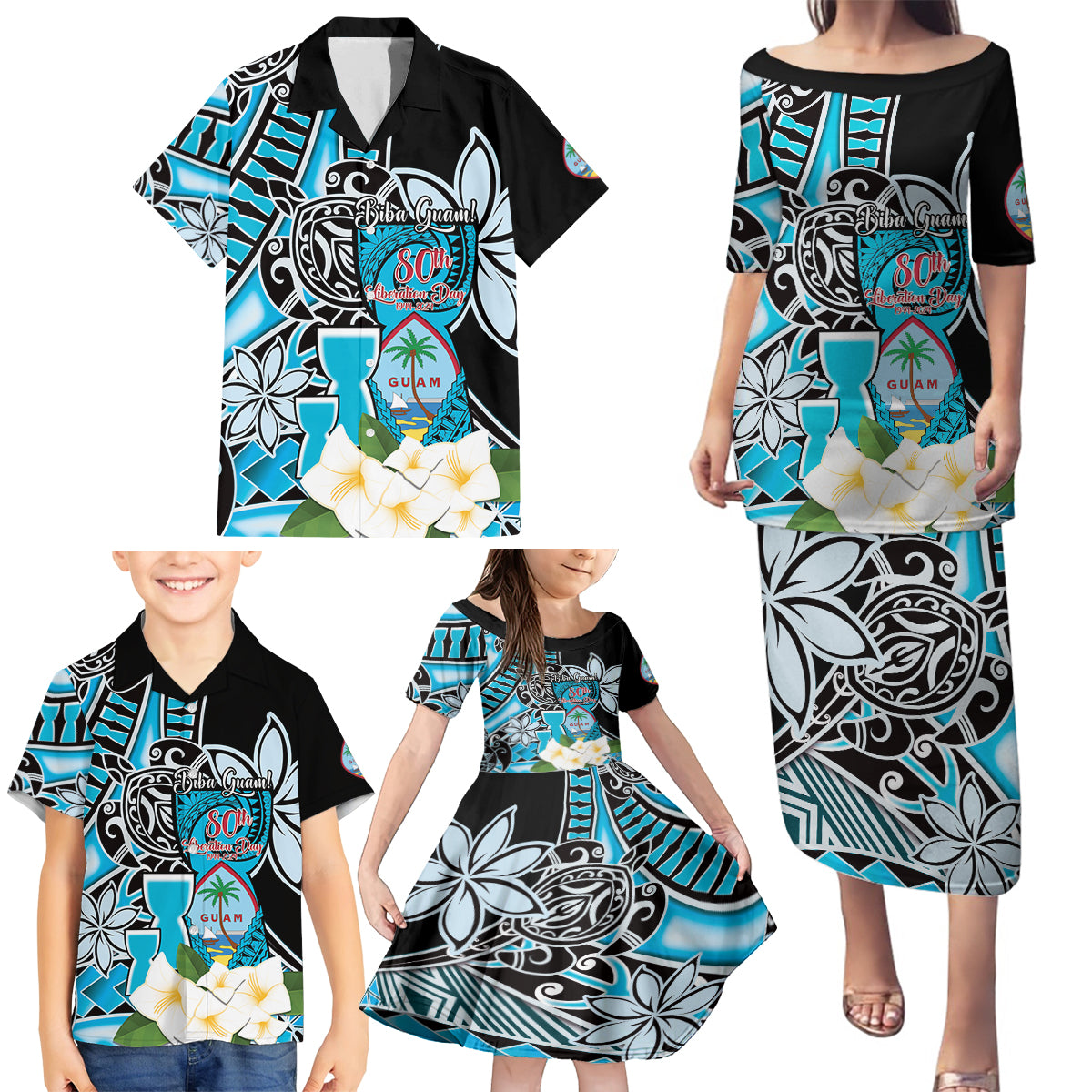 Personalised Guam Liberation Day Family Matching Puletasi and Hawaiian Shirt 80th Anniversary Chamorro Latte Stone With Guasali Flowers LT14 - Polynesian Pride