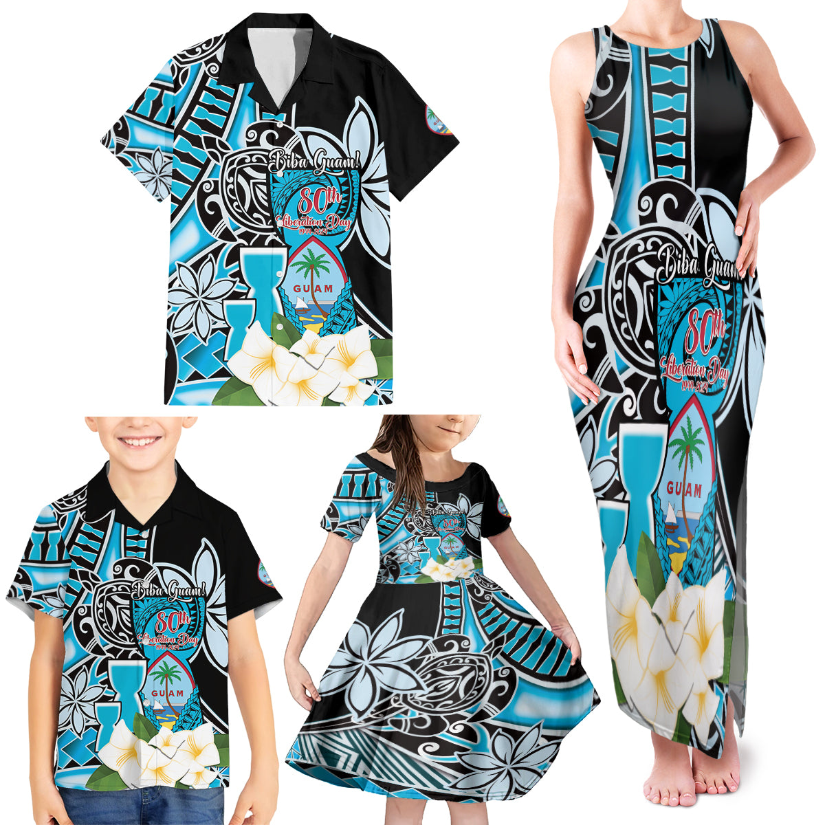 Personalised Guam Liberation Day Family Matching Tank Maxi Dress and Hawaiian Shirt 80th Anniversary Chamorro Latte Stone With Guasali Flowers LT14 - Polynesian Pride