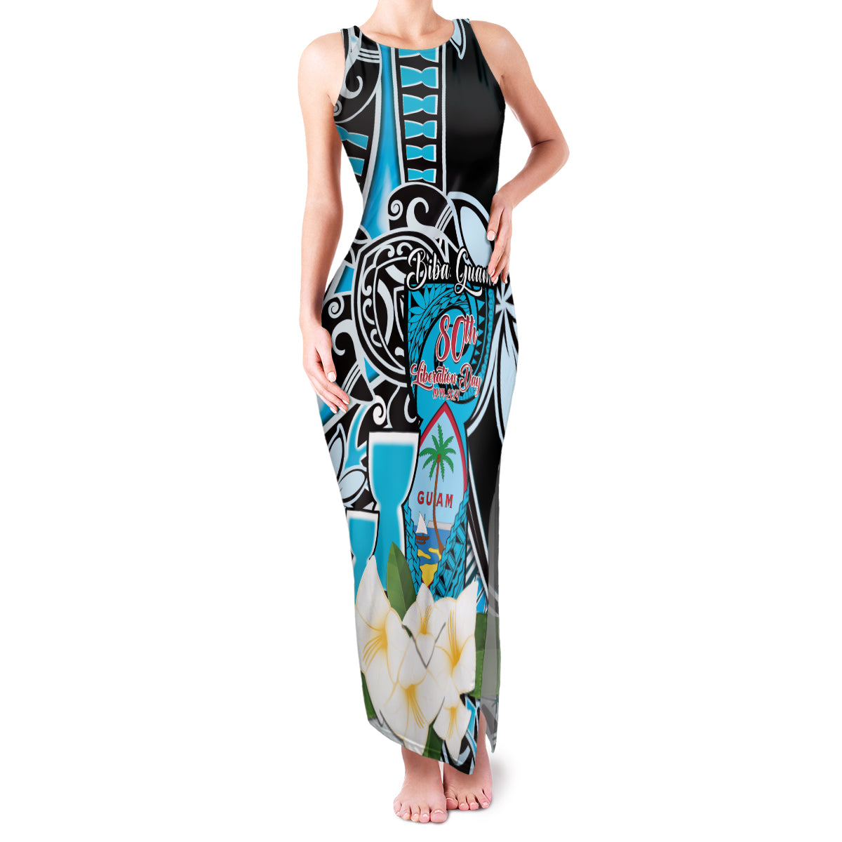 Personalised Guam Liberation Day Family Matching Tank Maxi Dress and Hawaiian Shirt 80th Anniversary Chamorro Latte Stone With Guasali Flowers LT14 Mom's Dress Blue - Polynesian Pride