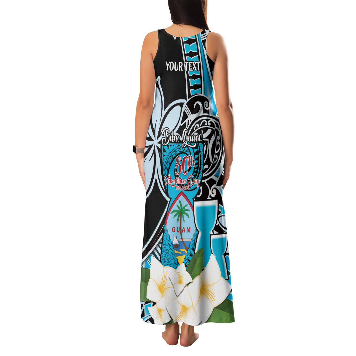 Personalised Guam Liberation Day Family Matching Tank Maxi Dress and Hawaiian Shirt 80th Anniversary Chamorro Latte Stone With Guasali Flowers LT14 - Polynesian Pride