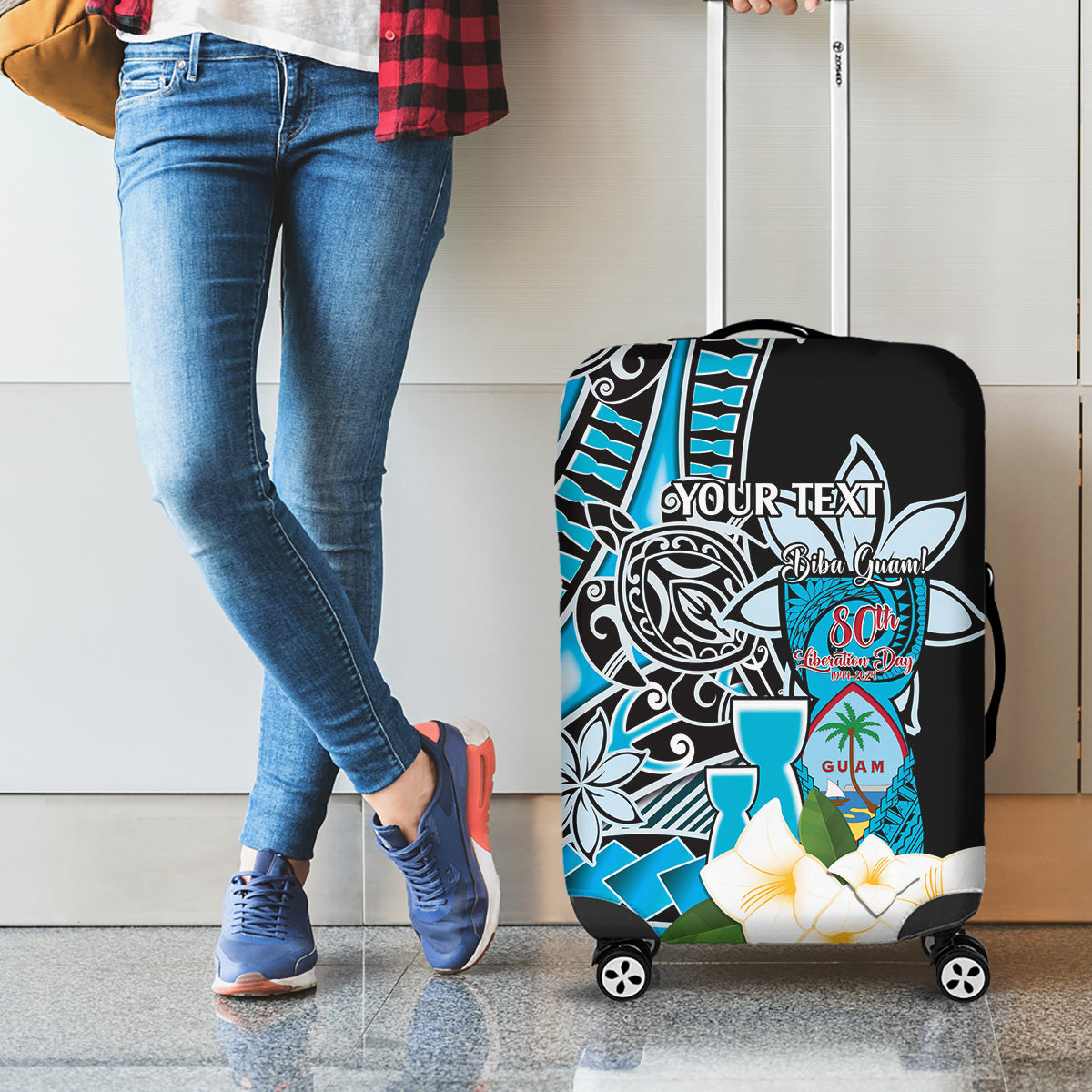 Personalised Guam Liberation Day Luggage Cover Chamorro Latte Stone With Guasali Flowers