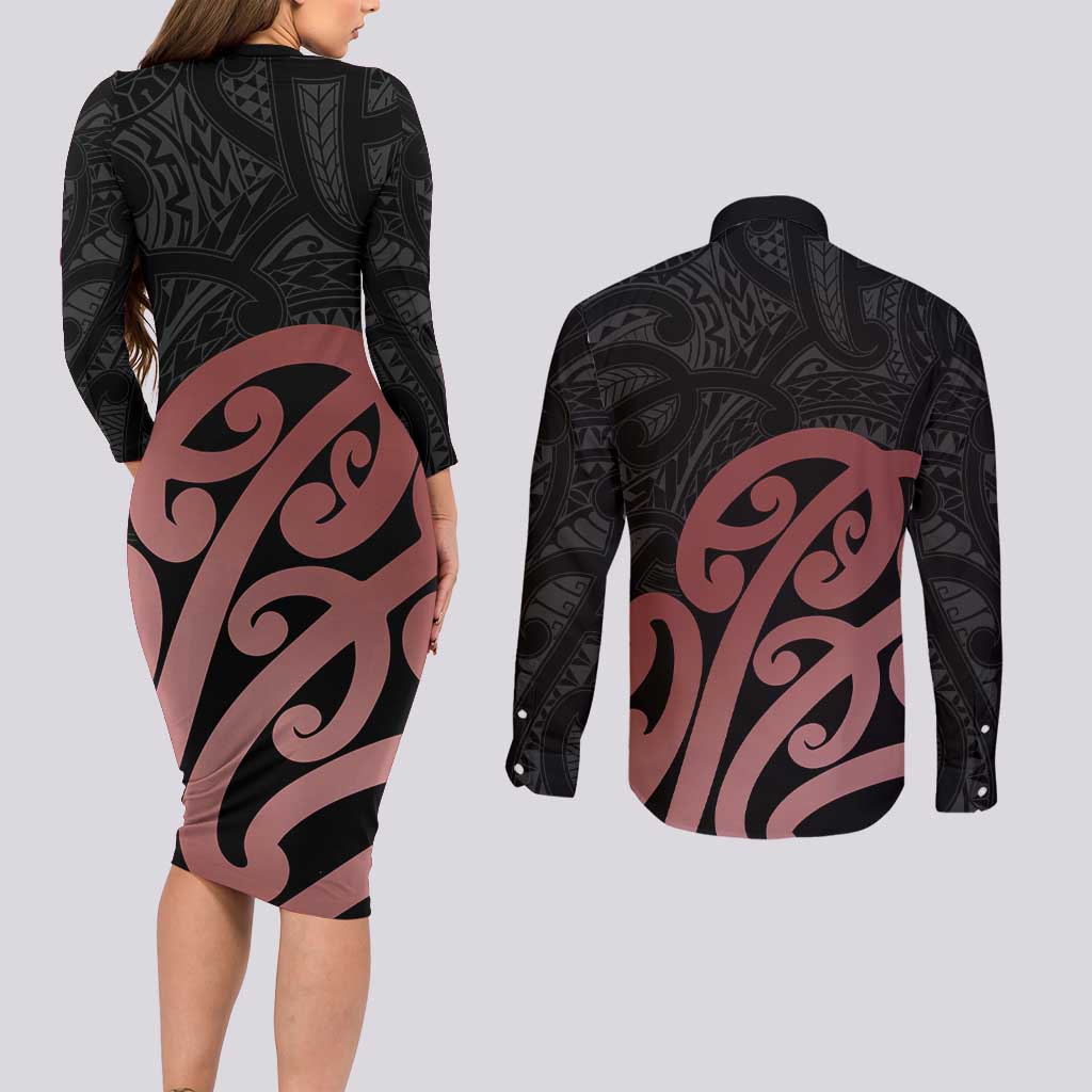 New Zealand Mangopare Tamanako Couples Matching Long Sleeve Bodycon Dress and Long Sleeve Button Shirt Aotearoa Maori LT14 - Polynesian Pride