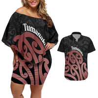 New Zealand Mangopare Tamanako Couples Matching Off Shoulder Short Dress and Hawaiian Shirt Aotearoa Maori LT14 Brown - Polynesian Pride