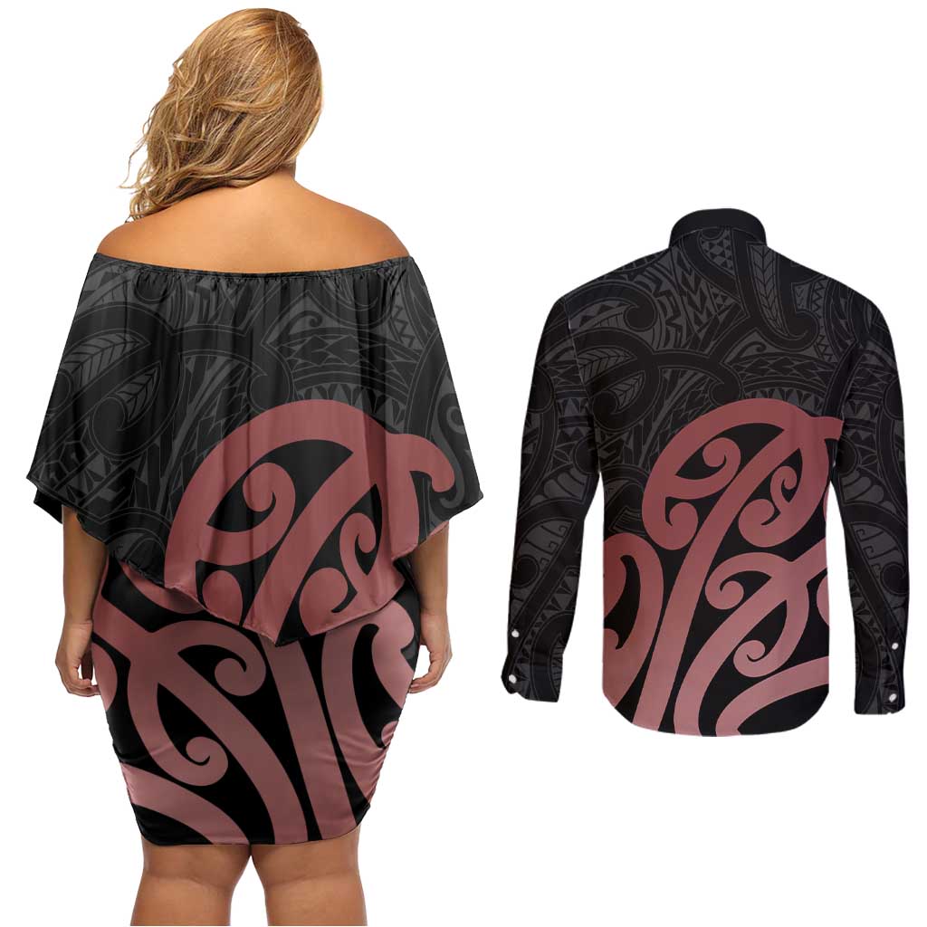 New Zealand Mangopare Tamanako Couples Matching Off Shoulder Short Dress and Long Sleeve Button Shirt Aotearoa Maori LT14 - Polynesian Pride