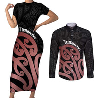 New Zealand Mangopare Tamanako Couples Matching Short Sleeve Bodycon Dress and Long Sleeve Button Shirt Aotearoa Maori LT14 Brown - Polynesian Pride