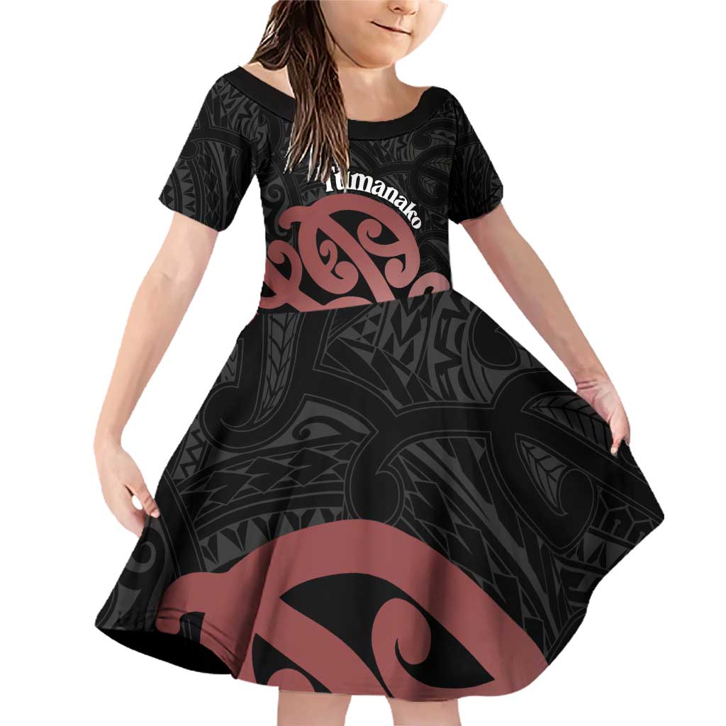 New Zealand Mangopare Tamanako Family Matching Off Shoulder Short Dress and Hawaiian Shirt Aotearoa Maori LT14 Daughter's Dress Brown - Polynesian Pride