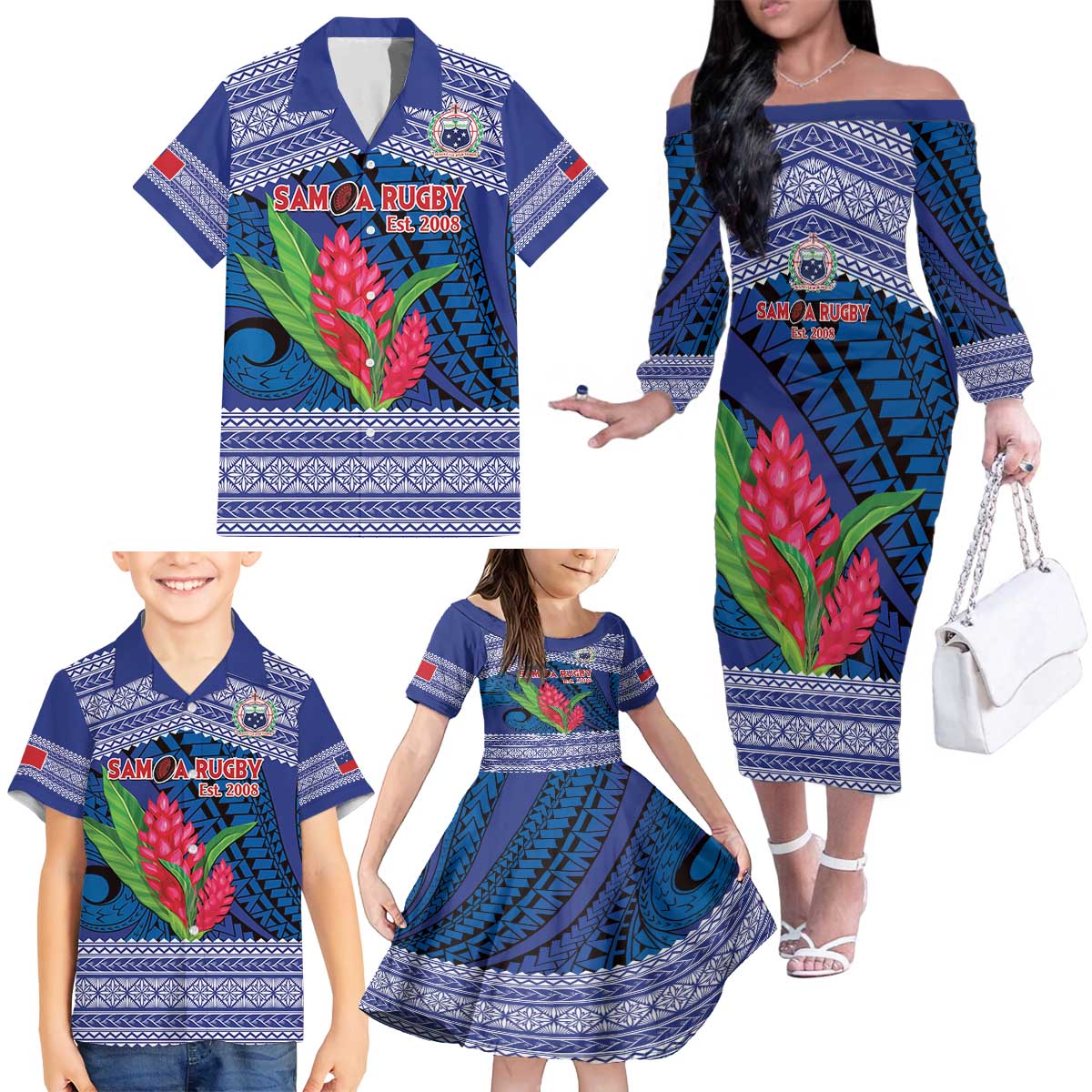 Custom Samoa Rugby Family Matching Off The Shoulder Long Sleeve Dress and Hawaiian Shirt 2024 Go Champions Samoan Gingers LT14 - Polynesian Pride