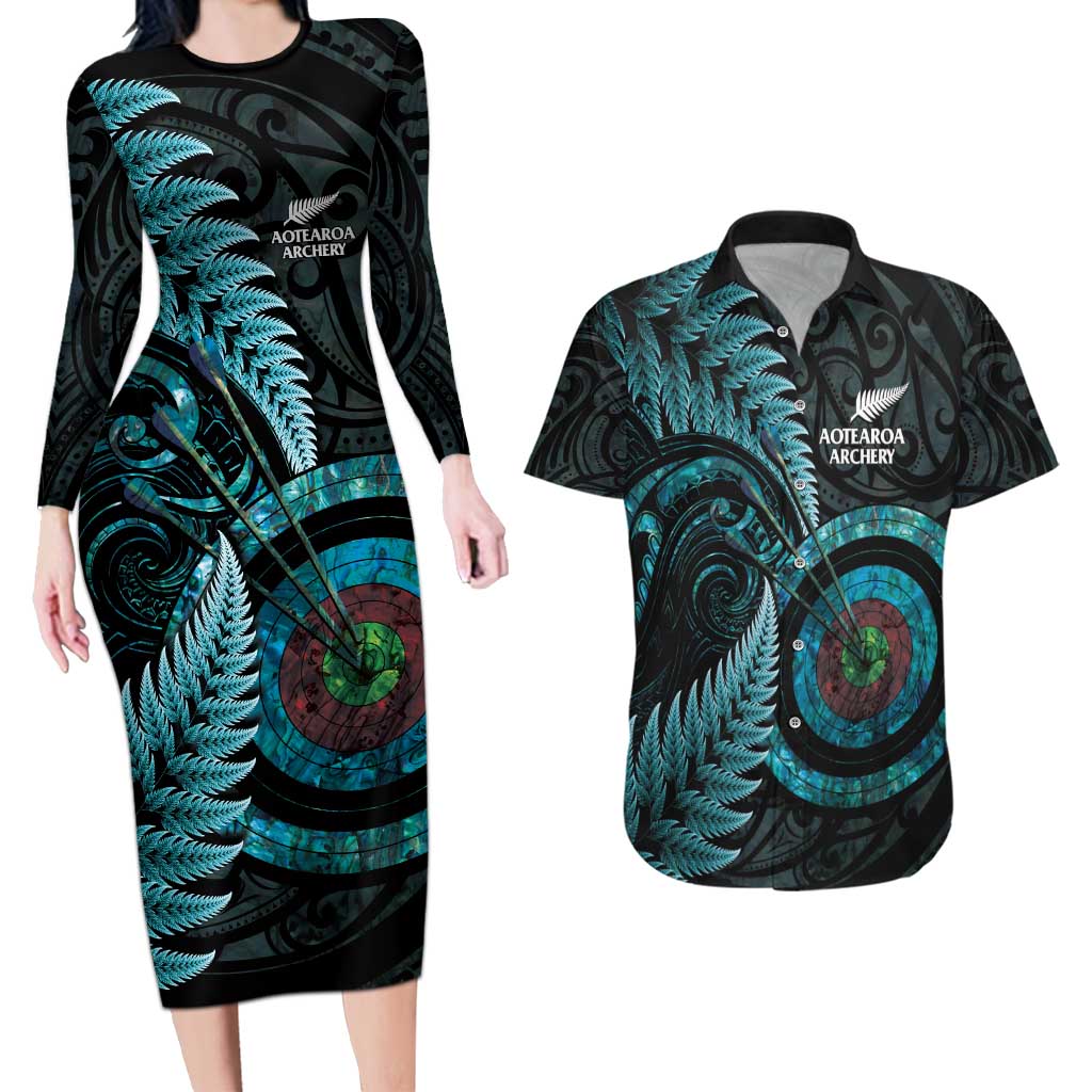 New Zealand Archery Couples Matching Long Sleeve Bodycon Dress and Hawaiian Shirt Aotearoa Silver Fern Maori LT14 Turquoise - Polynesian Pride