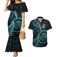 New Zealand Archery Couples Matching Mermaid Dress and Hawaiian Shirt Aotearoa Silver Fern Maori LT14 Turquoise - Polynesian Pride