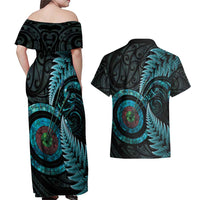 New Zealand Archery Couples Matching Off Shoulder Maxi Dress and Hawaiian Shirt Aotearoa Silver Fern Maori LT14 - Polynesian Pride