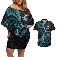 New Zealand Archery Couples Matching Off Shoulder Short Dress and Hawaiian Shirt Aotearoa Silver Fern Maori LT14 Turquoise - Polynesian Pride