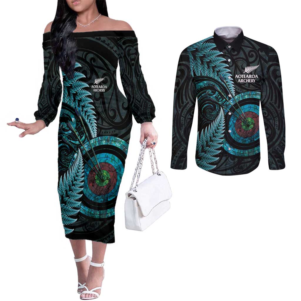 New Zealand Archery Couples Matching Off The Shoulder Long Sleeve Dress and Long Sleeve Button Shirt Aotearoa Silver Fern Maori - Polynesian Pride