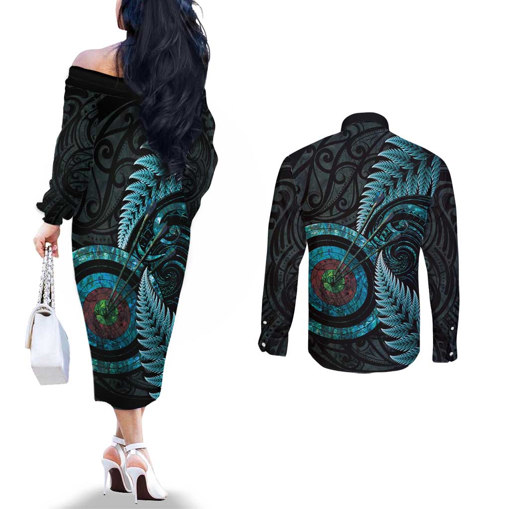 New Zealand Archery Couples Matching Off The Shoulder Long Sleeve Dress and Long Sleeve Button Shirt Aotearoa Silver Fern Maori LT14 - Polynesian Pride