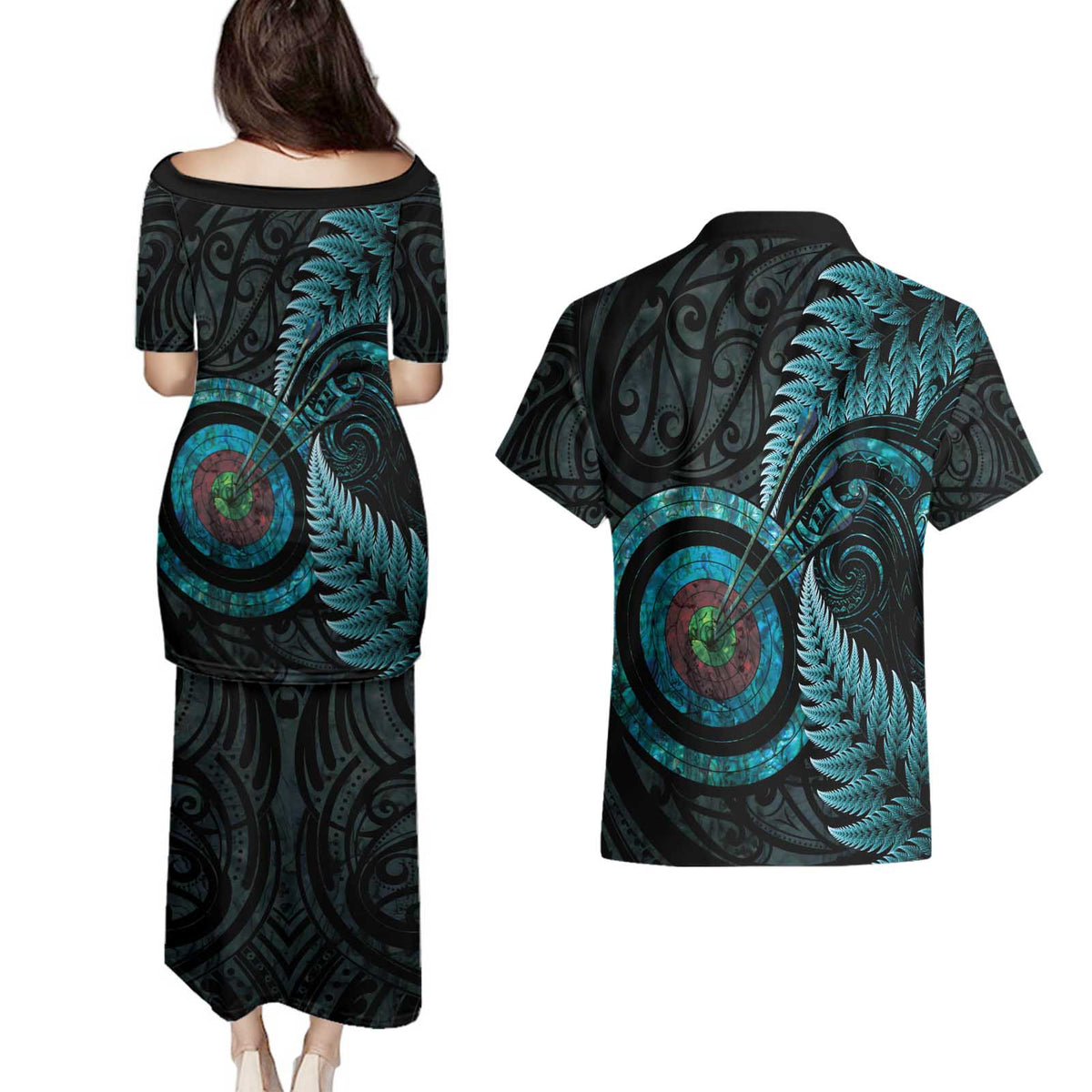 New Zealand Archery Couples Matching Puletasi and Hawaiian Shirt Aotearoa Silver Fern Maori - Polynesian Pride