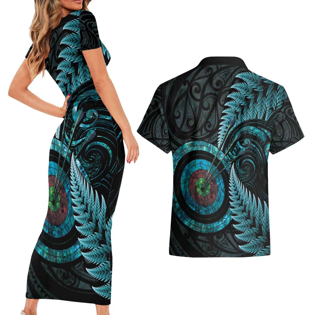 New Zealand Archery Couples Matching Short Sleeve Bodycon Dress and Hawaiian Shirt Aotearoa Silver Fern Maori LT14 - Polynesian Pride