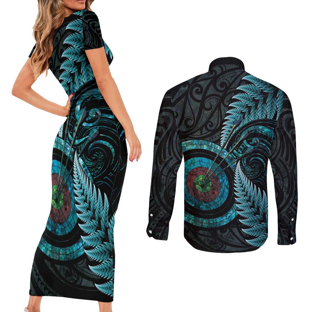 New Zealand Archery Couples Matching Short Sleeve Bodycon Dress and Long Sleeve Button Shirt Aotearoa Silver Fern Maori LT14 - Polynesian Pride