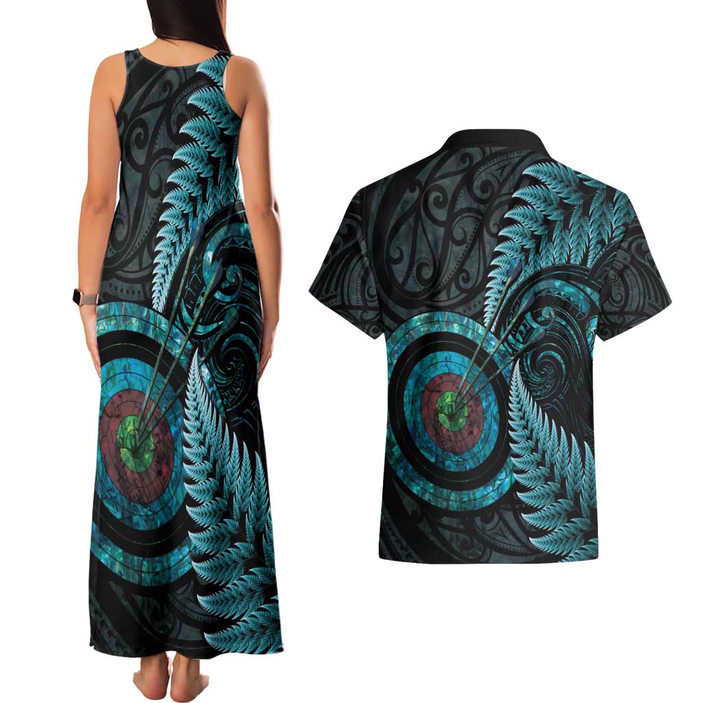 New Zealand Archery Couples Matching Tank Maxi Dress and Hawaiian Shirt Aotearoa Silver Fern Maori LT14 - Polynesian Pride