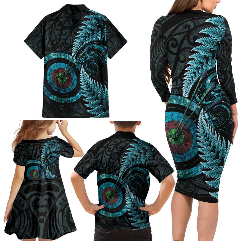 New Zealand Archery Family Matching Long Sleeve Bodycon Dress and Hawaiian Shirt Aotearoa Silver Fern Maori LT14 - Polynesian Pride