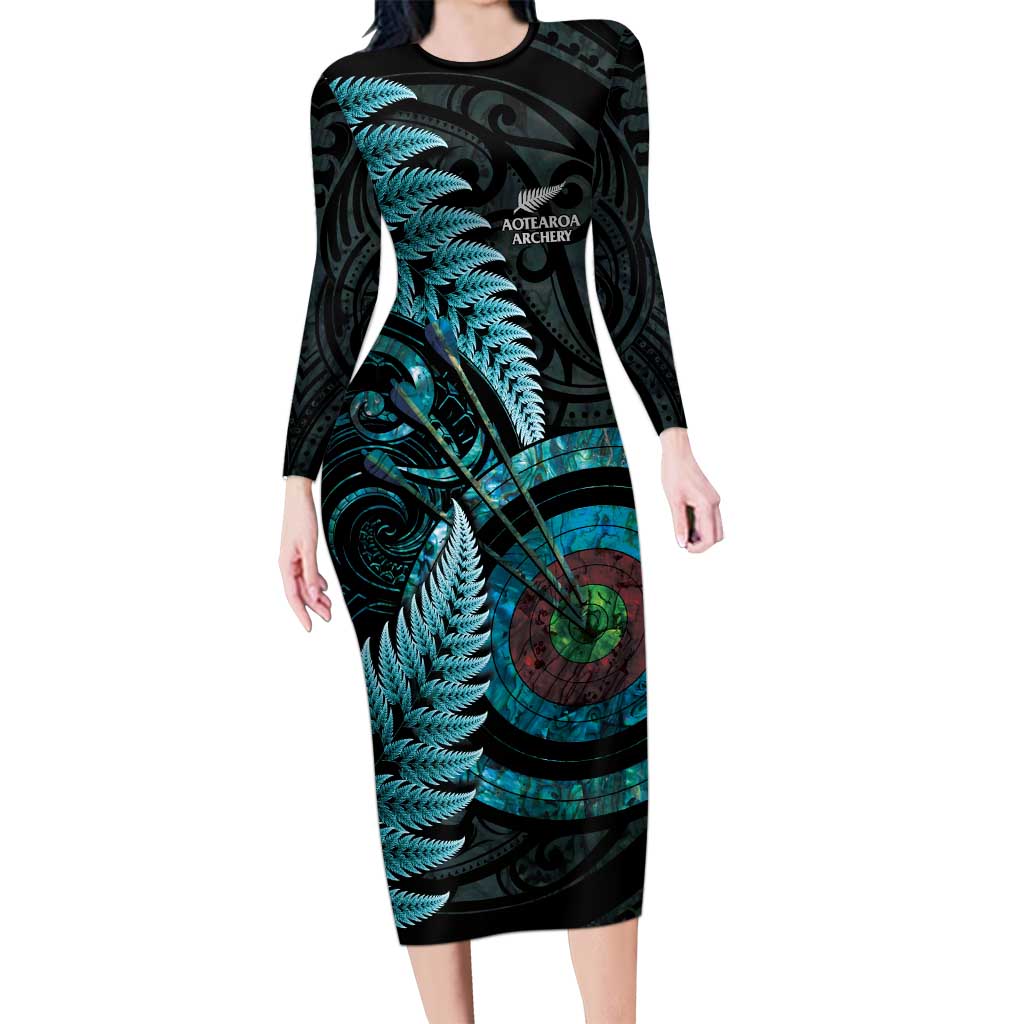 New Zealand Archery Family Matching Long Sleeve Bodycon Dress and Hawaiian Shirt Aotearoa Silver Fern Maori LT14 Mom's Dress Turquoise - Polynesian Pride