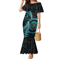 New Zealand Archery Family Matching Mermaid Dress and Hawaiian Shirt Aotearoa Silver Fern Maori LT14 Mom's Dress Turquoise - Polynesian Pride