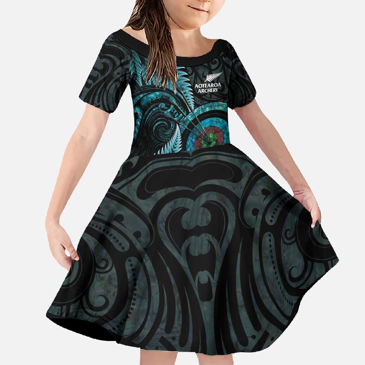 New Zealand Archery Family Matching Off The Shoulder Long Sleeve Dress and Hawaiian Shirt Aotearoa Silver Fern Maori LT14 Daughter's Dress Turquoise - Polynesian Pride