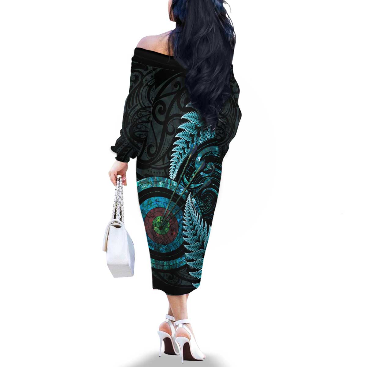 New Zealand Archery Family Matching Off The Shoulder Long Sleeve Dress and Hawaiian Shirt Aotearoa Silver Fern Maori LT14 - Polynesian Pride