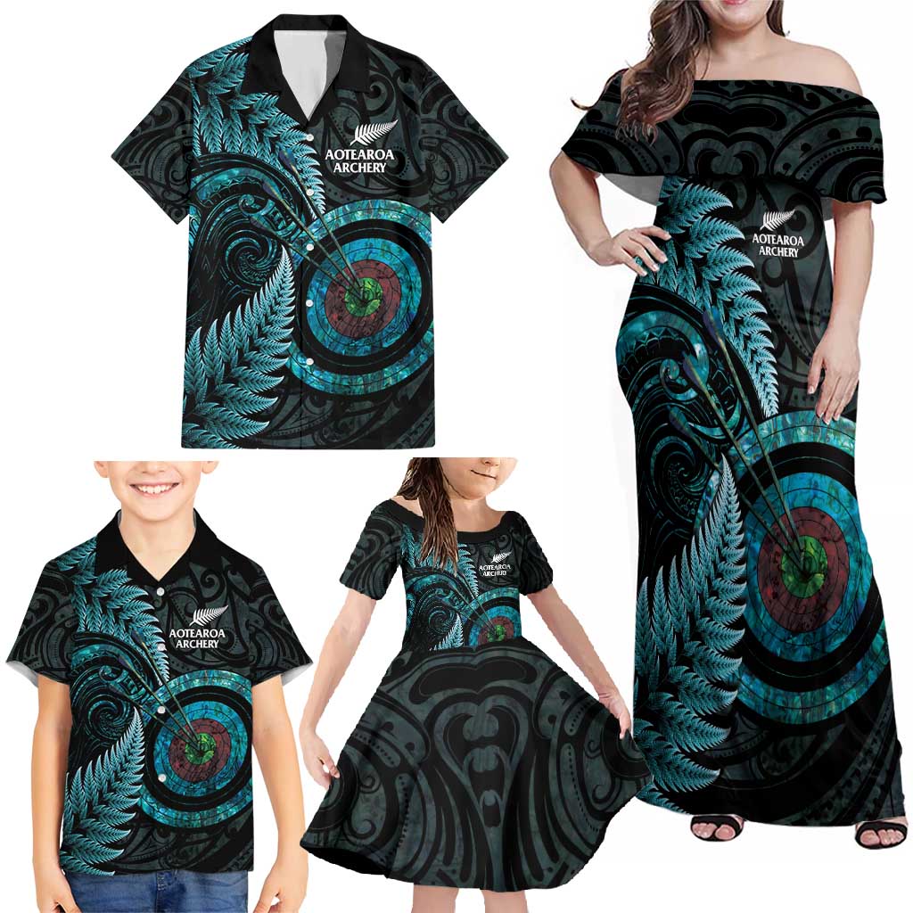 New Zealand Archery Family Matching Off Shoulder Maxi Dress and Hawaiian Shirt Aotearoa Silver Fern Maori LT14 - Polynesian Pride