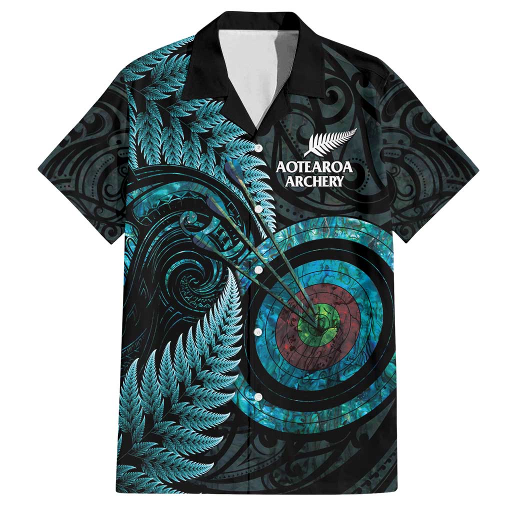 New Zealand Archery Family Matching Off Shoulder Maxi Dress and Hawaiian Shirt Aotearoa Silver Fern Maori LT14 Dad's Shirt - Short Sleeve Turquoise - Polynesian Pride