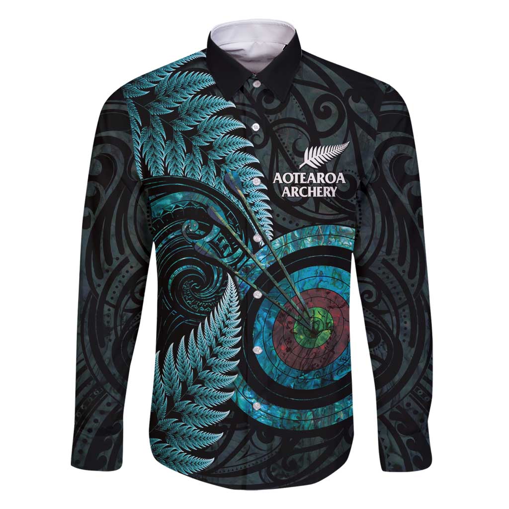 New Zealand Archery Family Matching Off Shoulder Maxi Dress and Hawaiian Shirt Aotearoa Silver Fern Maori LT14 Dad's Shirt - Long Sleeve Turquoise - Polynesian Pride