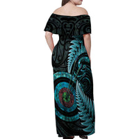 New Zealand Archery Family Matching Off Shoulder Maxi Dress and Hawaiian Shirt Aotearoa Silver Fern Maori LT14 - Polynesian Pride