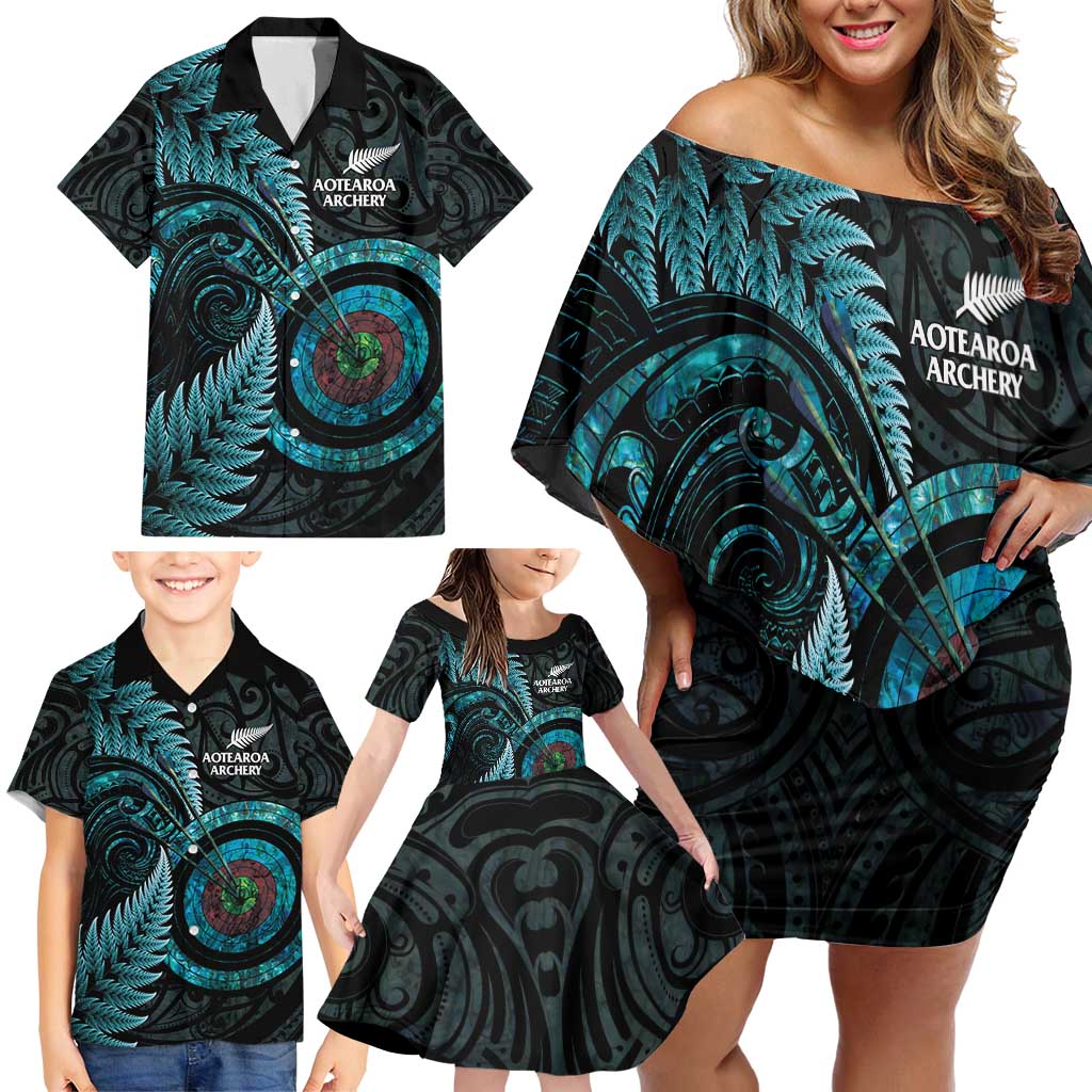 New Zealand Archery Family Matching Off Shoulder Short Dress and Hawaiian Shirt Aotearoa Silver Fern Maori LT14 - Polynesian Pride